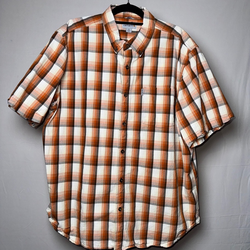 Carhartt Mens 2XL Relaxed Fit Plaid Short Sleeve Button Down Shirt Orange 101959